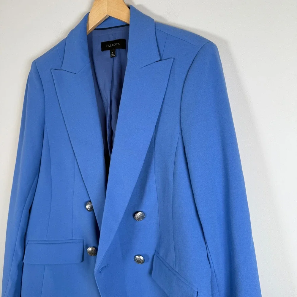 Talbots Double Breasted Blazer Suit Jacket Size 8 Blue Silver Button Long Sleeve